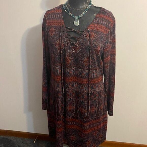Versona Red/Blue Aztec Pattern V-neck 1/4 tie dress, size XL - Picture 1 of 5
